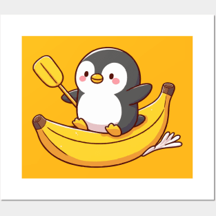 Cute Penguin On Banana Canoe Posters and Art